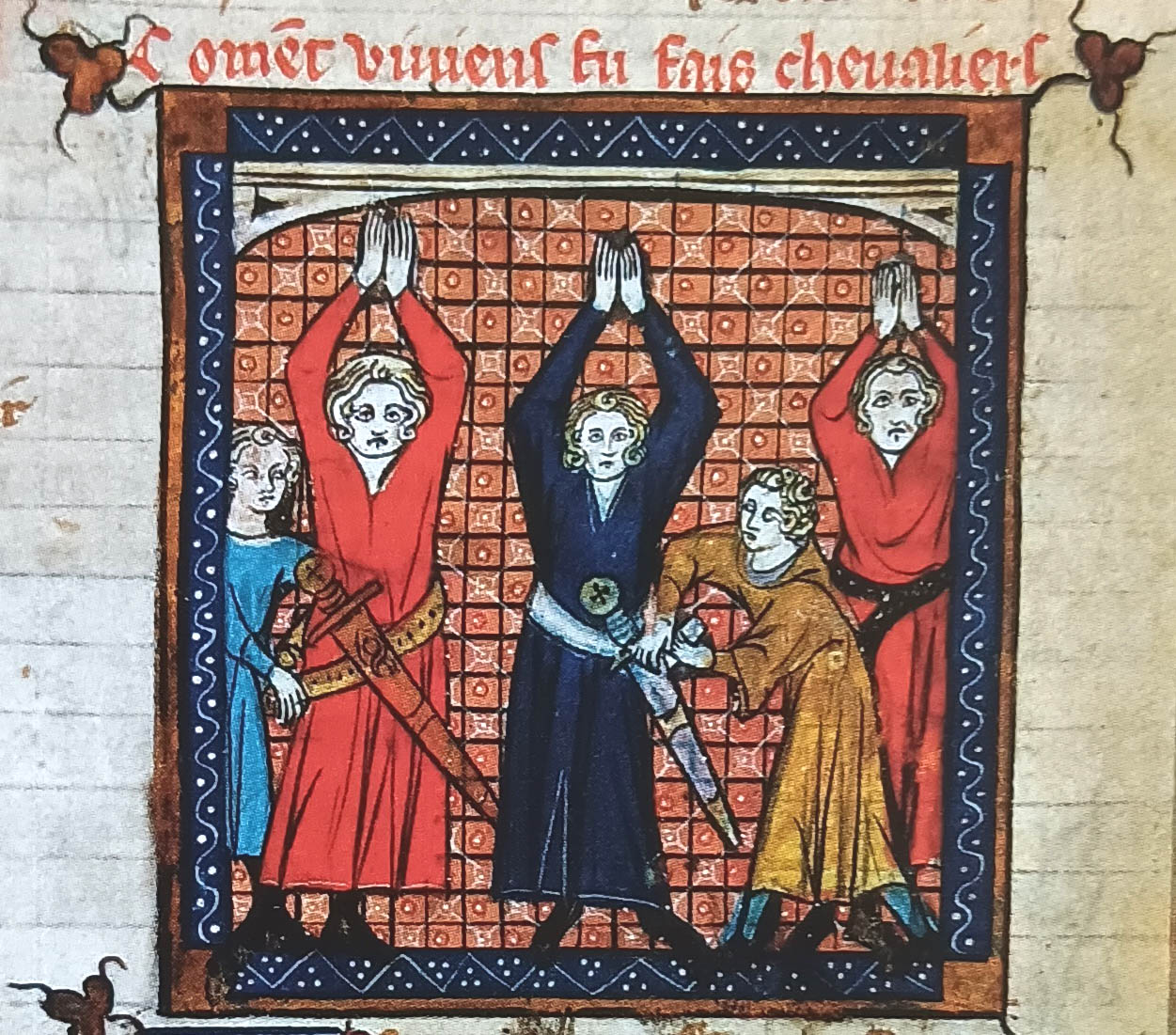 Three knights being girded by their paiges and squires