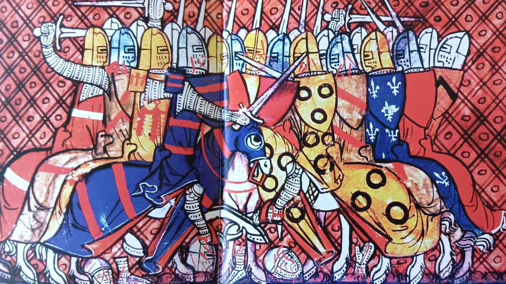 Knights in heavy cavalry combat with their shield depicting their titles and allegiances’