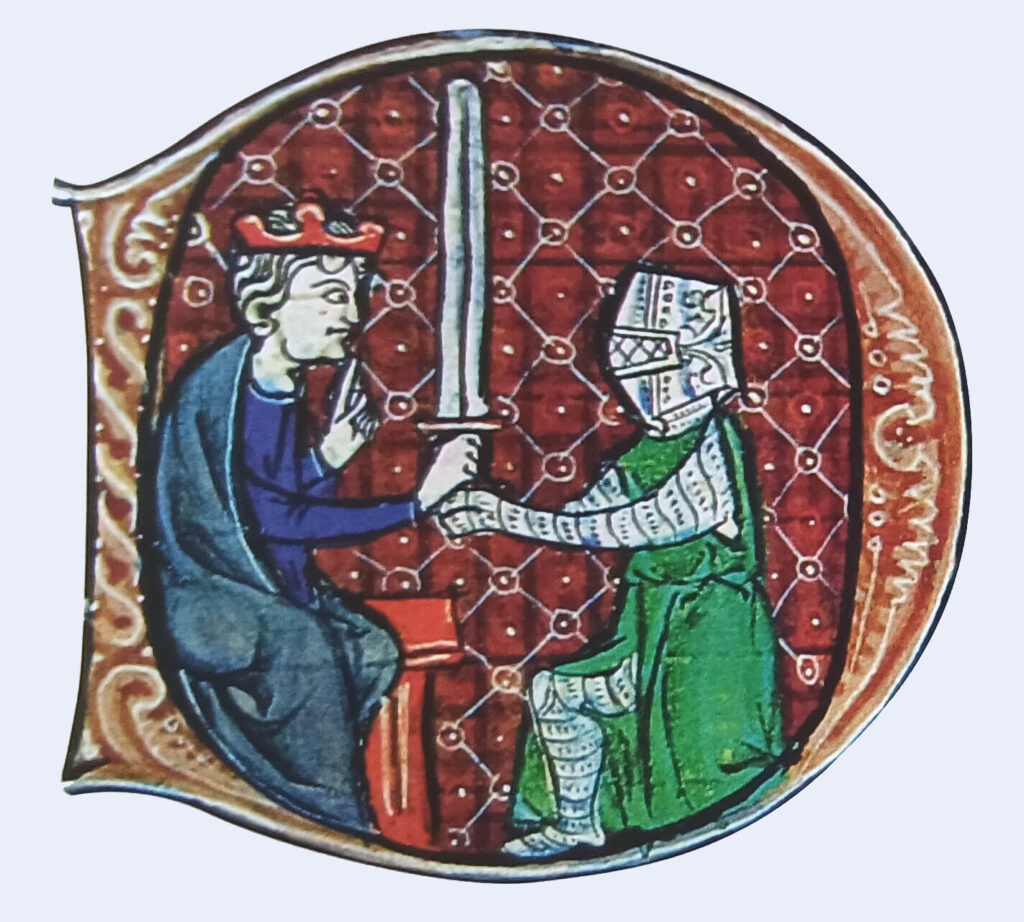 Being knighted by the King and receiving his sword